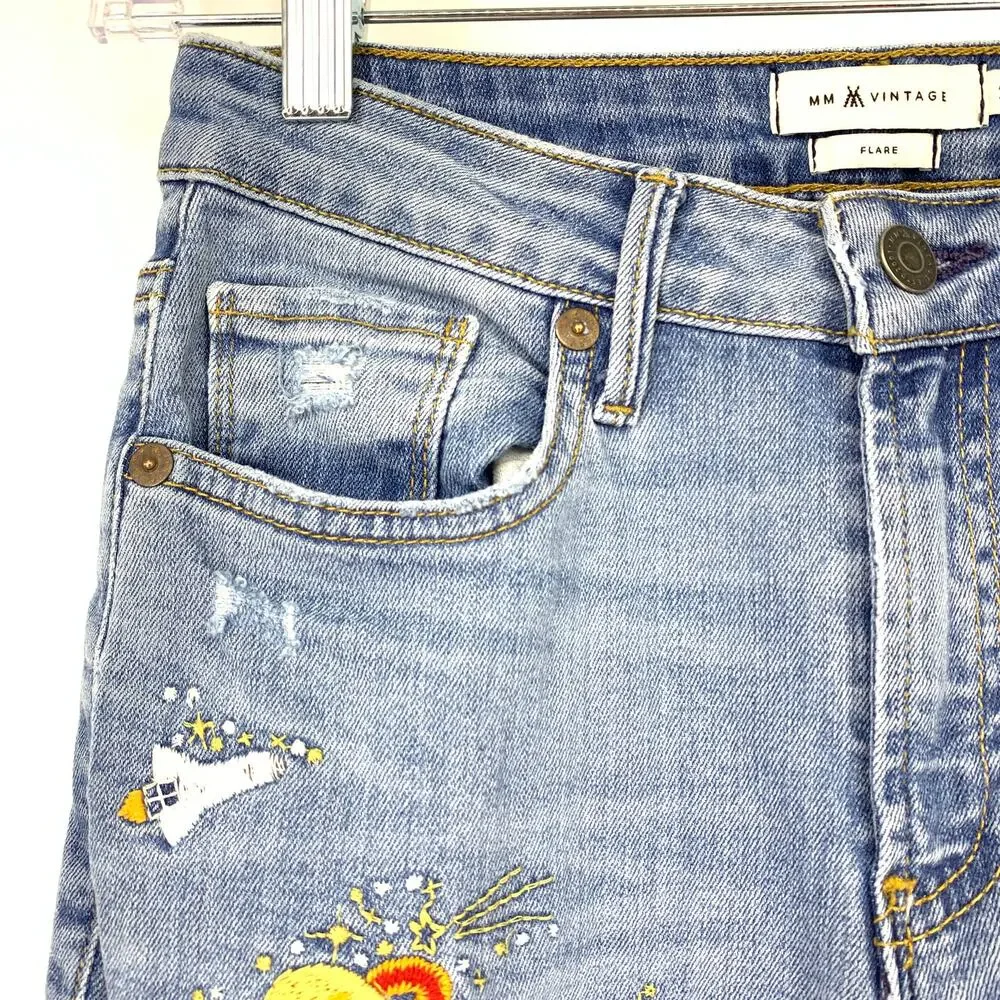MM Vintage Jeans Women's Sz 26 Distressed Flare Crop Mid Rise Blue Five Pockets - Picture 4 of 8